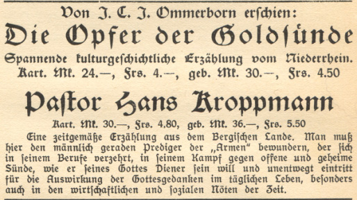 Buchwerbung. Hervorgehoben wird, dass die Erzählungen zeitgemäß sind. Die Handlung spielt immer im Bergischen bzw. am Rhein oder Niederrhein