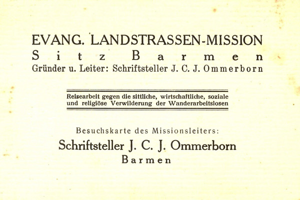 Ommerborns Visitenkarte der Ev. Landstraßenmission. O. war Missionar, Missionsleiter und Schriftleiter mehrerer Publikationsorgane