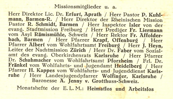 Die Rückseite der Karte zeigt eine Menge von Missionsmitgliedern aus dem südwestdeutschen und Basler Raum und verweist auf die Monatshefte