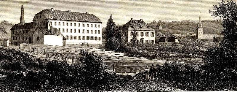 Bauendahlsche Fabrik und Wohnhaus an der Kölner Straße in Lennep. Stahlstich v. Lasinsky nach C. Frommel, um 1830. Repro Lenneparchiv Schmidt.